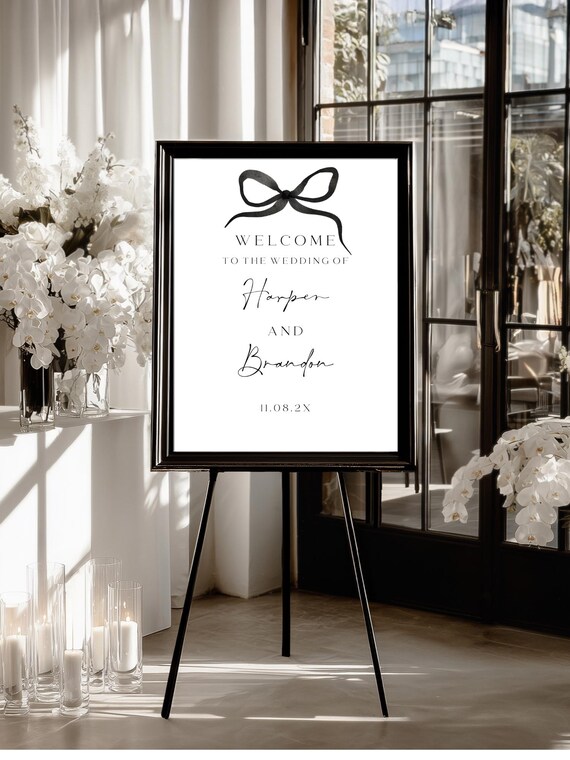 Modern Black Bow Wedding Welcome Sign Template: Elegant Printable Design (Digital Download) #BELLA
