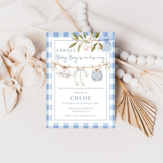 Boy Baby shower Invitation Template, Blue Gingham, Clothesline, (Editable Printable) Instant Download #gcb