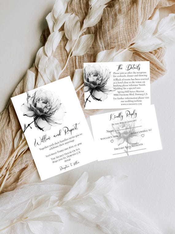 Modern Black & White Rose Wedding Invitation Suite, Floral, Monochrome  (Printable, Editable)