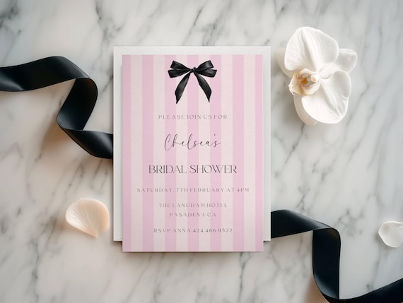 Black Bow Bridal Shower Invitation, Pink Striped, Elegant (Editable Printable) Instant Download #vss