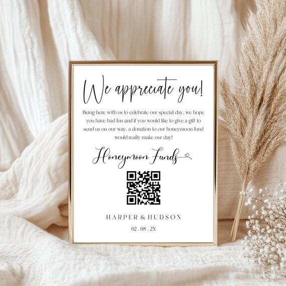 Modern Honeymoon Fund QR Code Sign: Minimalist Wedding Cash Gift (Printable, Editable Template)