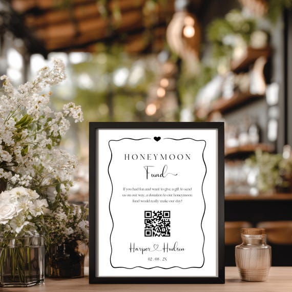 Modern Honeymoon Fund QR Code Sign: Editable Wedding Cash Gift (Digital Download) #min