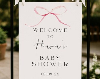 Modern Pink Bow Baby Shower Welcome Sign Template, Minimalist (Digital Download) Printable #bab