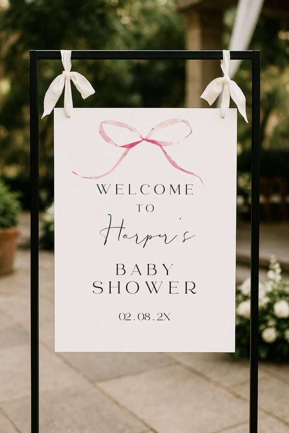 Modern Pink Bow Baby Shower Welcome Sign Template, Minimalist (Digital Download) Printable #bab