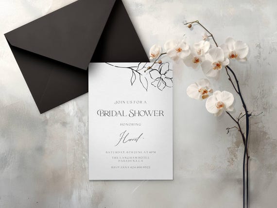 Modern Black and white Bridal Shower Invitation, Wildflower, Minimalist (Editable Printable) Instant Download #bsf