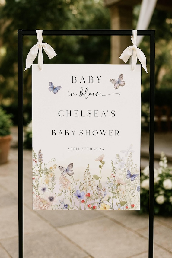 Wildflower Baby Shower Welcome Sign, Butterflies, Spring Floral (Editable Printable) Digital #wsb