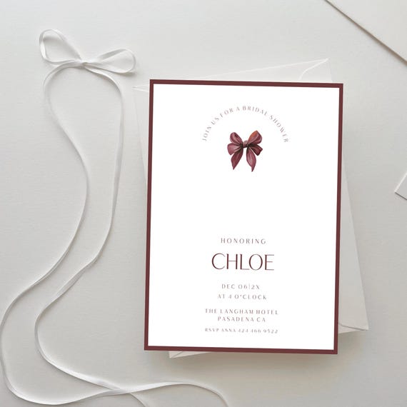Burgundy Bow Bridal Shower Invitation Template: Minimalist Modern Design (Printable Edit #mbb