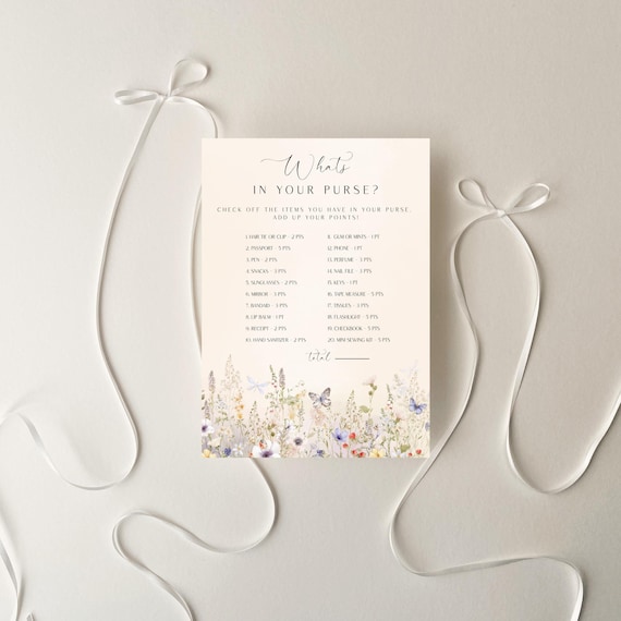 Wildflower Bridal What's In Your Purse, Bridal Shower Game, Floral (Editable Printable) Digital #dwf