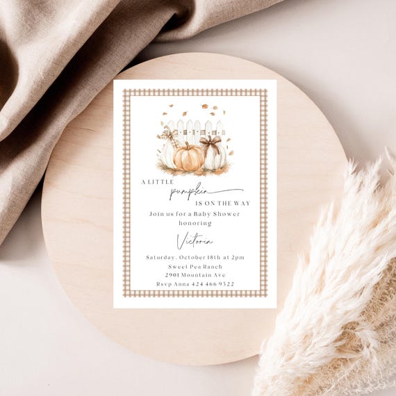 Pumpkin Baby Shower Invitation Template: Fall Gingham Design (Digital Download), Printable #pbs