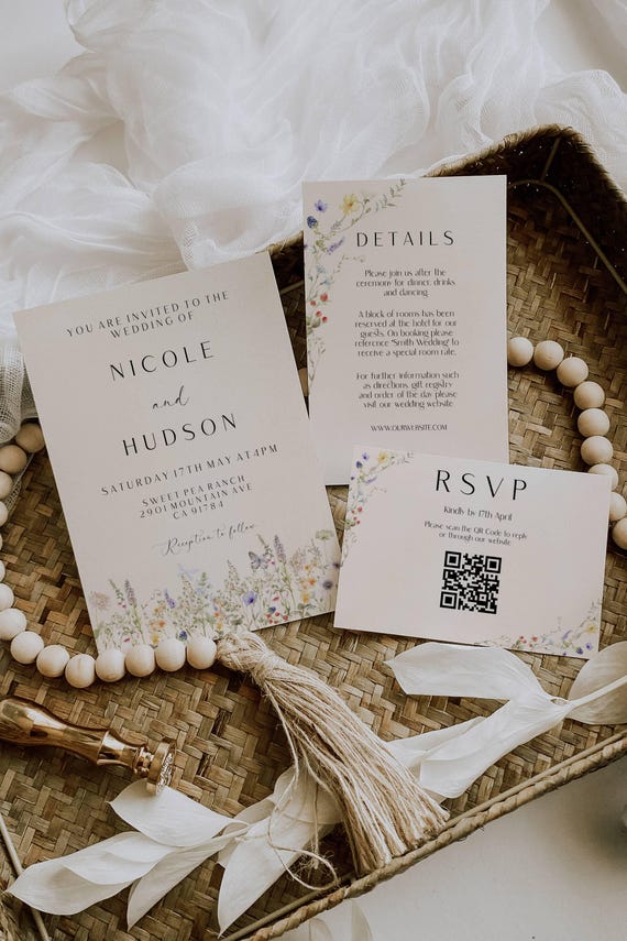 Beige Wildflower Wedding Invitation Suite: Modern Floral Template (Digital Download) Printable #dwf