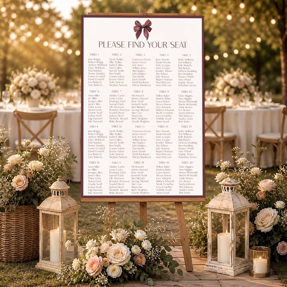 Burgundy Bow Wedding Seating Chart Template: Minimalist Printable Sign (24x36", Editable Digital Download #mbb
