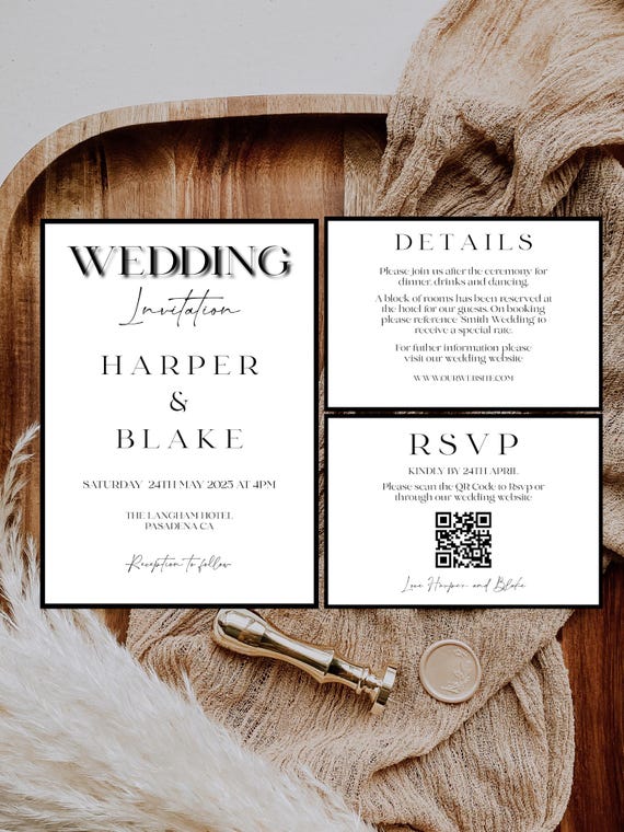 Modern Wedding Invitation Template Set: Minimalist Black and White (Digital)