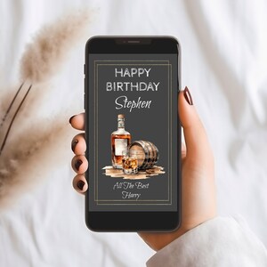 Tarjeta electrónica de feliz cumpleaños, tarjeta digital para él, tarjeta electrónica de feliz cumpleaños, saludo personalizado, editable, whisky escocés, descarga instantánea