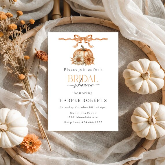 Fall Bridal Shower Invitation Template: Elegant Floral Pumpkin Design (Printable,Editable) #fbs