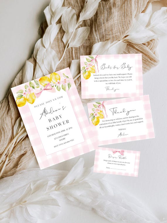 Lemons Baby Shower Invitation Set: Pink Gingham, Blossom Design (Printable Template) #lem