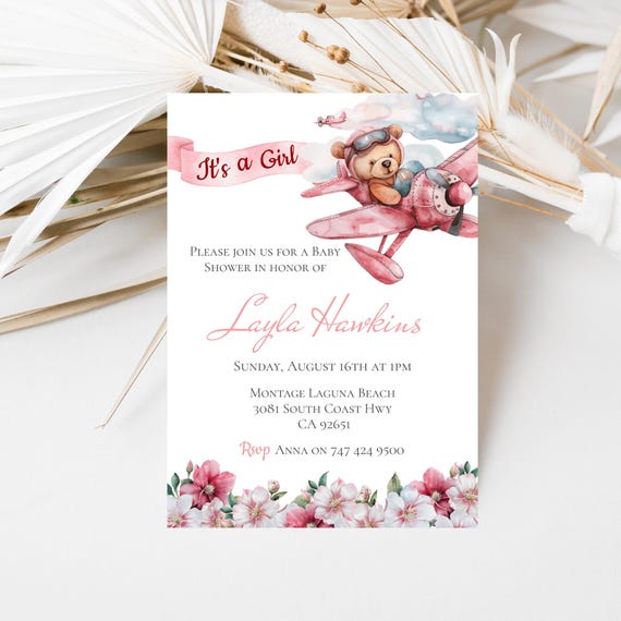 Flying Teddy Bear Baby Shower Invitation: Pink Floral Template (Digital) Printable