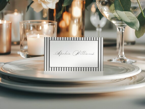 Elegant Pinstripe Wedding Place Card, Grey, Modern, Name Card (Editable Printable) Digital  #mtm