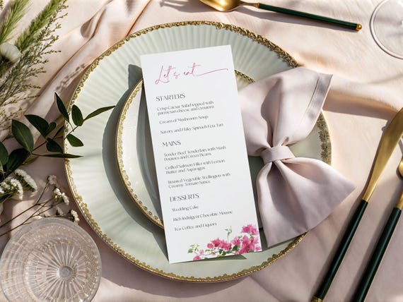 Bougainvillea Wedding Menu Template: Pink Floral Printable Menu (4x9", Digital Download #bgv