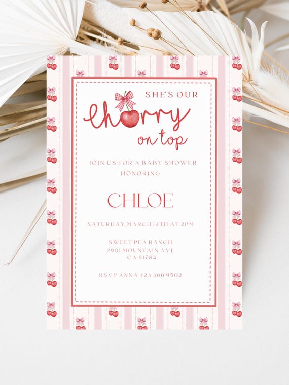 Cherry Baby Shower Invitation, Girl, Pink Stripes, Bows (Editable Printable) Instant Download #ccb