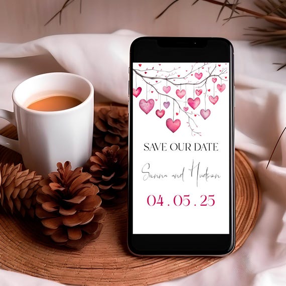Valentine's Save the Date Evite, Tree of Hearts Wedding Announcement (Digital)