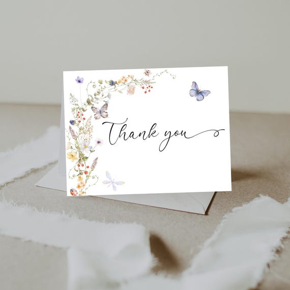 Elegant Wildflower Thank You Card Template, Butterfly, Tent Fold & Flat (Editable Printable) #dwf