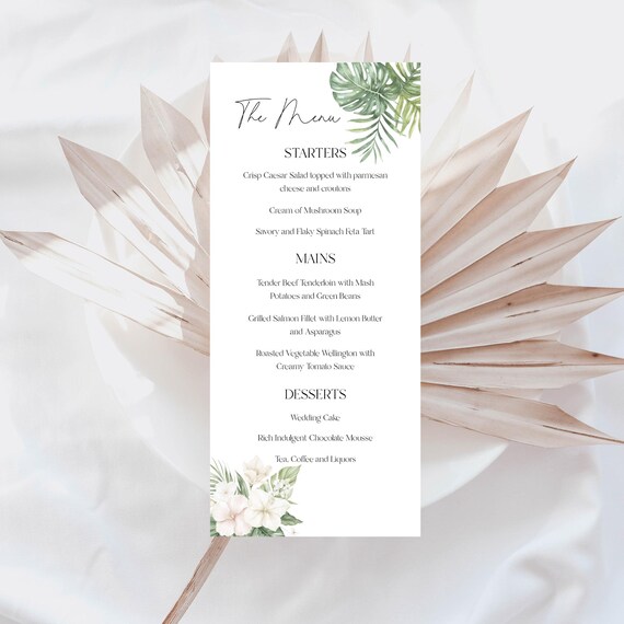Tropical Dinner Menu, Summer Florals Wedding Menu (Editable Printable) Digital #tbb