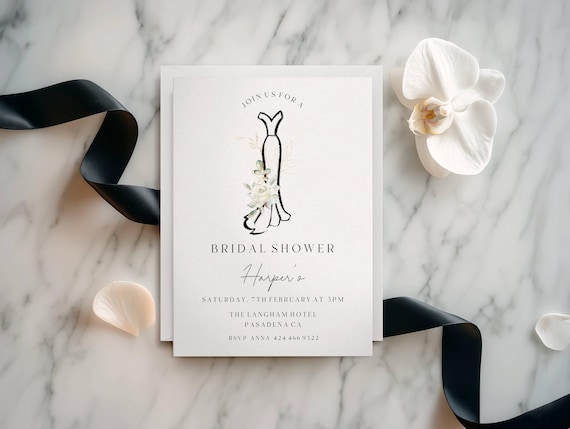 Modern Bridal Shower Invitation Template: Elegant, Dress, Rose (Printable, Editable) Instant Download