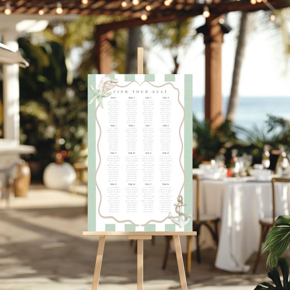 Coastal Design Seating Plan Sign, Stripes, Seashells, Beach, Boat (Editable Printable)  #css