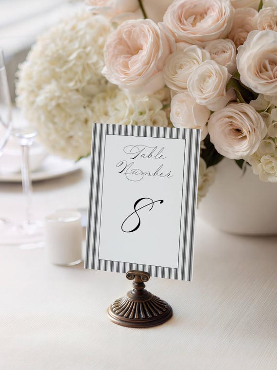 Elegant Pinstripe Wedding Table Number Sign, Grey, Modern, Stylish (Editable Printable) Digital  #mtm