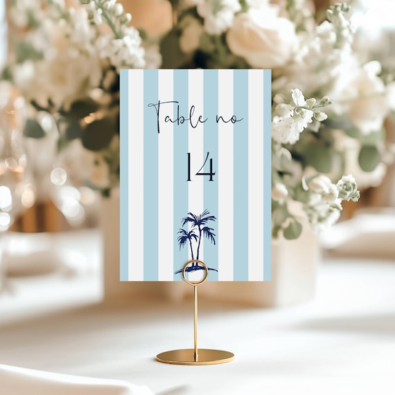 Coastal Design Wedding Table Number: Beach, Blue stripes, Palm Tree ( Editable Printable)  #scb