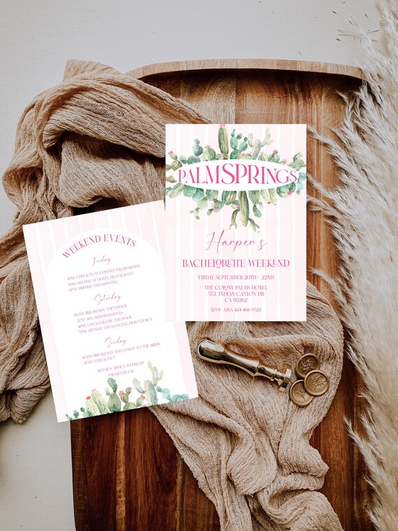 Palm Springs Bachelorette Invitation: Desert Cactus Floral Pink (Printable, Editable) Instant Download