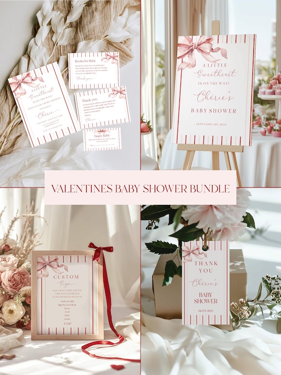 Valentines Baby shower Invitation Bundle, Little Sweetheart, Pink Bow (Editable Printable) Instant Download #vrp
