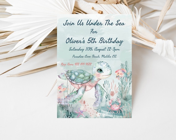 Baby Turtle Birthday Invitation: Under The Sea Theme (Printable, Editable, Instant Download)