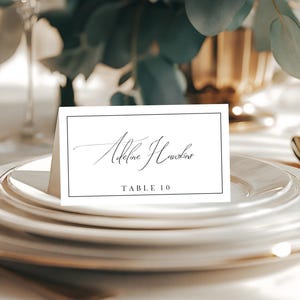 Plantilla de tarjeta de lugar de boda con borde moderno, tarjeta de lugar minimalista plegable, tarjeta de lugar con nombre elegante, imprimible, editable, #ADELINE