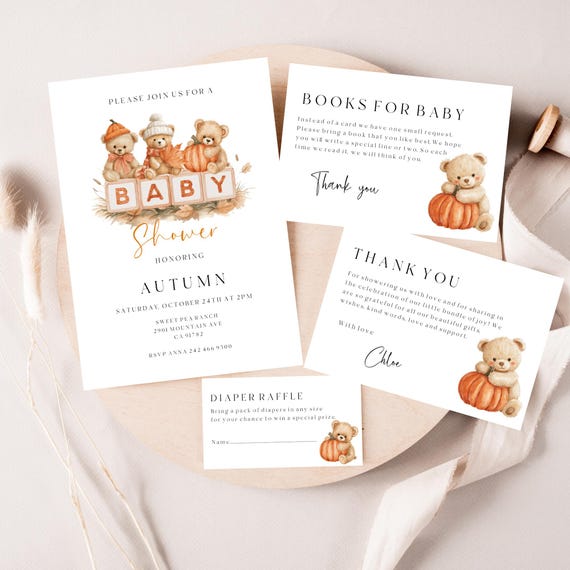Fall Teddy Bear Baby Shower Invitation Set, Autumnal, Gender Neutral, Pumpkin (Editable Printable) #ftb