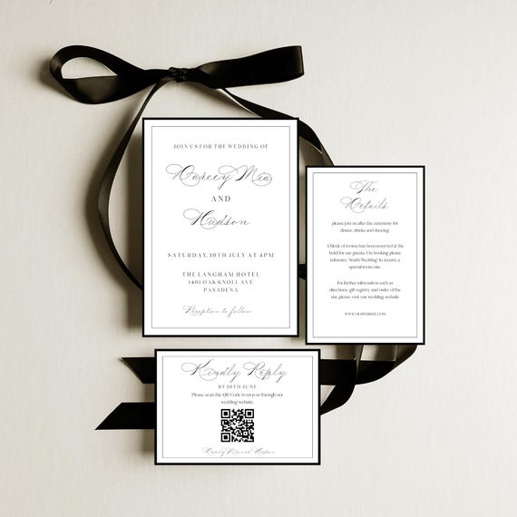 Elegant Classic Wedding Invitation Suite: Black Border, Script Font (Digital Download, Printable Template)  #DARCEY