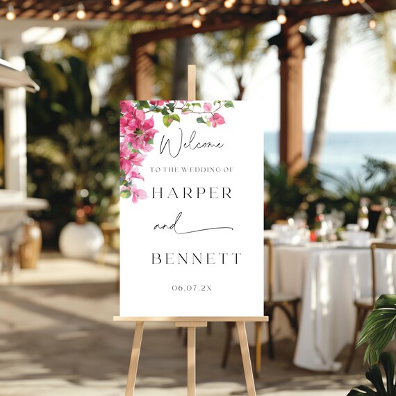 Bougainvillea Wedding Welcome Sign: Pink Floral, Coastal (Editable Digital Download) Printable #bgv