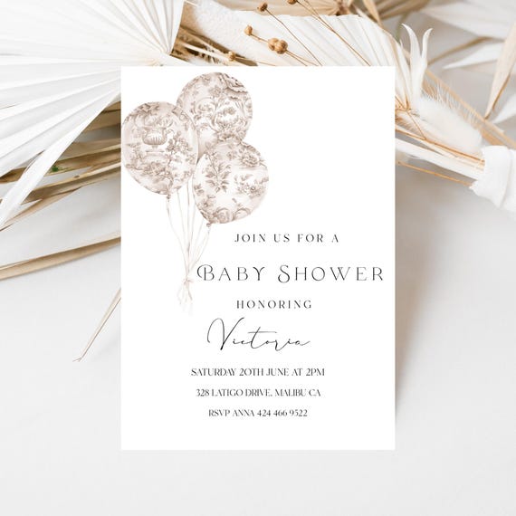 Toile Balloons Baby Shower Invitation: Beige Neutral Template (Digital) Printable #ball