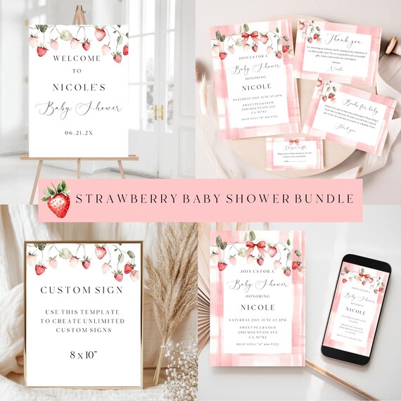 Strawberry Baby Shower Invitation Bundle: Gingham, Country Chic, Bow (Editable Printable )