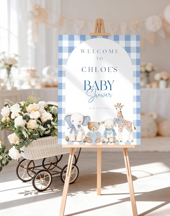 Baby Shower Welcome Sign, Blue Gingham Animals, Boy (Editable Printable) #vtb