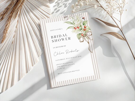 Wildflower Bridal Shower Invitation, Strawberry Bouquet, Beige Stripes (Editable Printable) Digital #sbp