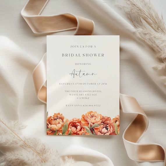 Fall Peonies Bridal shower Invitation: Elegant Terracotta Florals, (Editable Printable) Instant Download #tfp