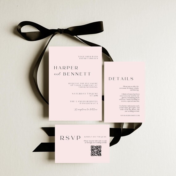 Minimalist Blush Wedding Invitation Suite: Modern Pink & Black Printable (Digital Download) Editable #bnp
