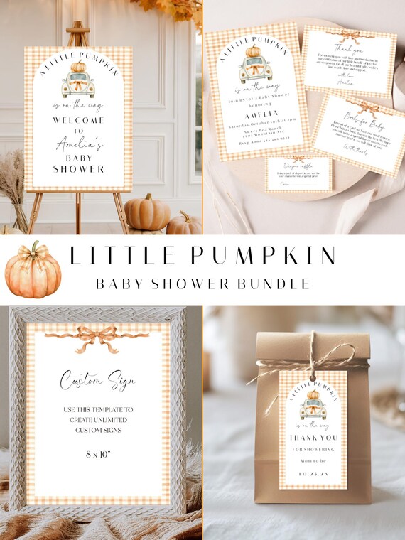 Fall Pumpkin Baby Shower Invitation Bundle: Gingham Bow Set (Editable,Printable  Templates) #fcs