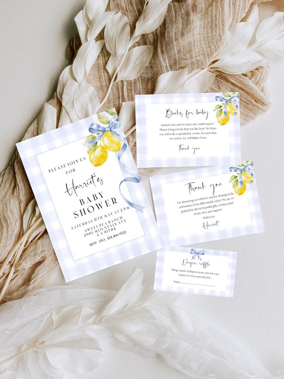 Lemons Baby Shower Invitation Bundle: Blue Gingham, Printable Templates (Digital Download #lem