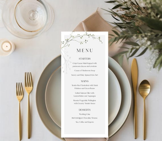 Neutral Wildflower Wedding Menu Template: Printable Floral Design (4x9", Editable, Digital Download) #nat