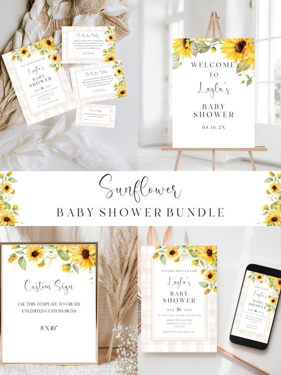 Sunflower Baby Shower Invitation Bundle: Gender Neutral, Beige Gingham (Printable, Editable Template) #ssf