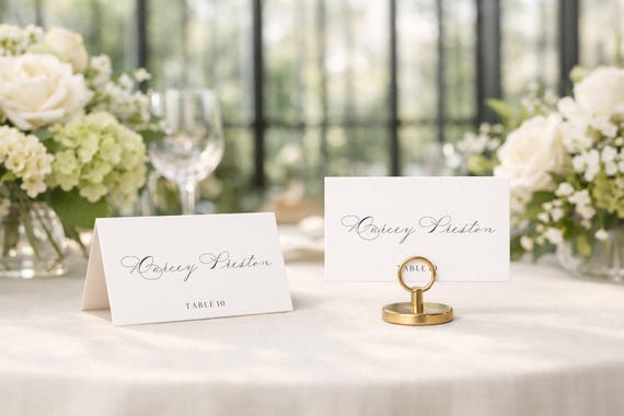 Elegant Script Wedding Place Card, Minimalist Name Cards, Folded & Flat (Editable, Printable)