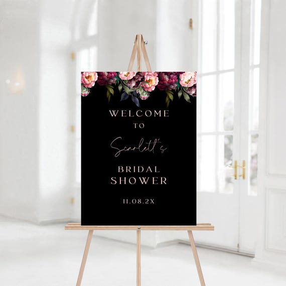 Fall Peonies Bridal Shower Welcome Sign Template, Black & Blush Floral (Digital Download) #bpp