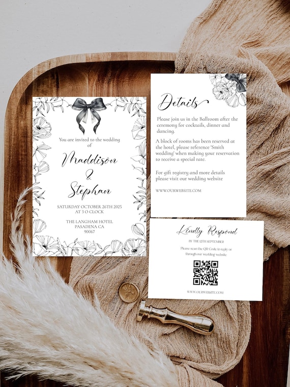 Elegant Black and White Floral Wedding Invitation Suite : (Printable Editable) Bows Instant download